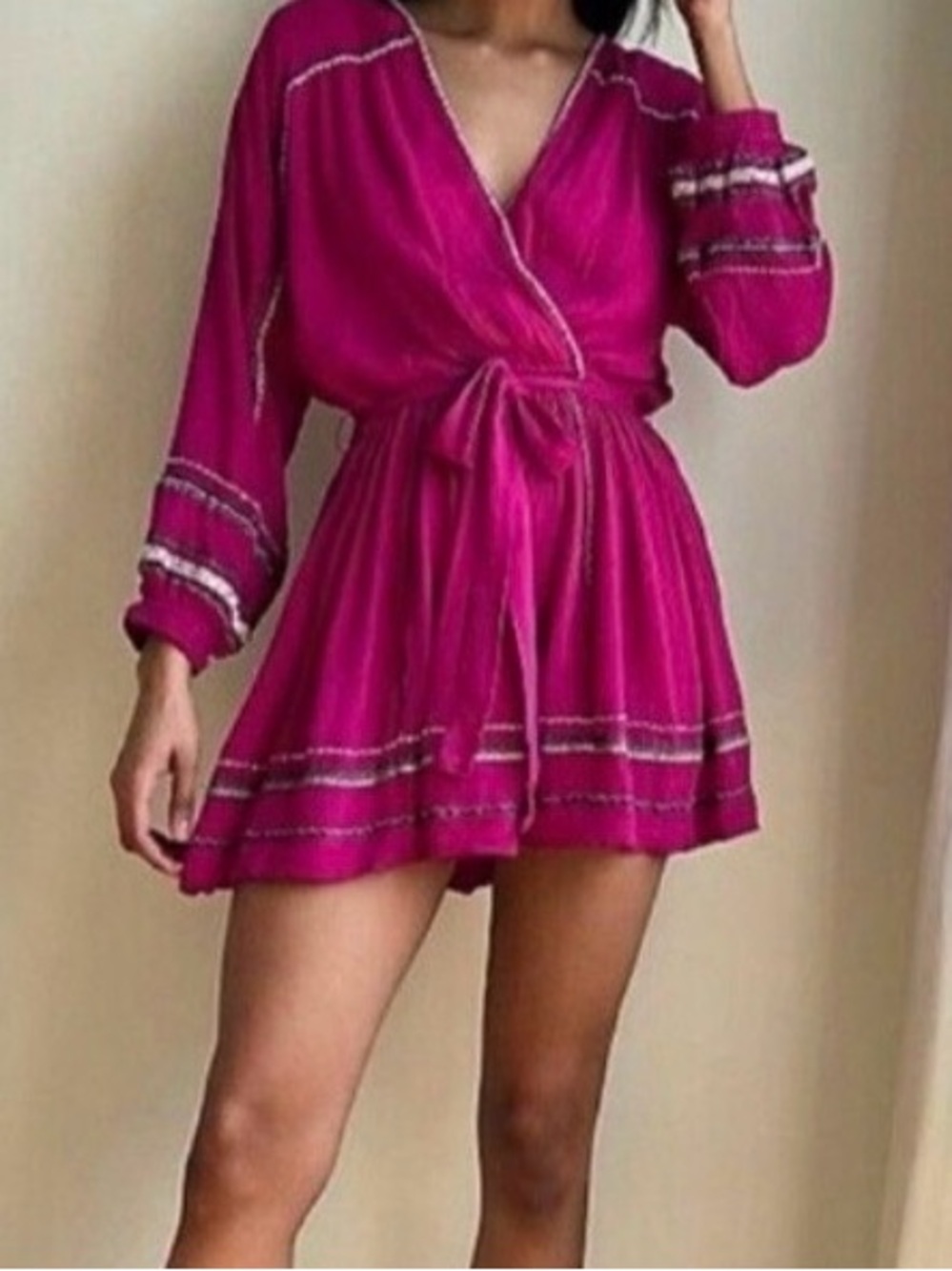 Free People Fuchsia Pink Tie-Waist Boho Dress with Metallic Trim